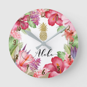 Aloha Tropical Flowers Floral Chic Gold Pineappel Ronde Klok