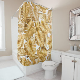 Aloha Tropical Gold Glitter Monstera Leaves Douchegordijn