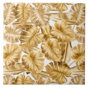Aloha Tropical Gold Glitter Monstera Leaves Tegeltje