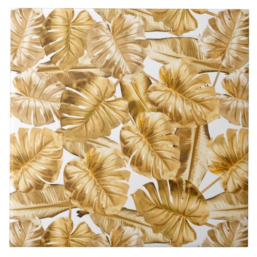 Aloha Tropical Gold Glitter Monstera Leaves Tegeltje (Voorkant)