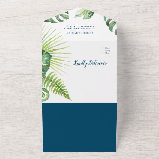 Aloha Tropical Greenery Baby shower Diaper Raffle All In One Uitnodiging (Buitenkant)