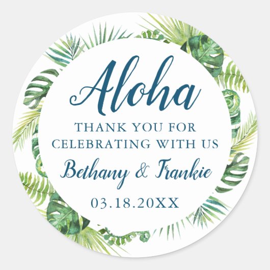 Aloha Tropical Greenery Beach bruiloft Dank u Ronde Sticker (Voorkant)