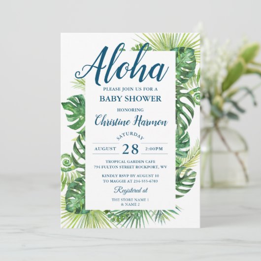 Aloha Tropical Greenery Blue Baby shower Kaart (Staand voorkant)