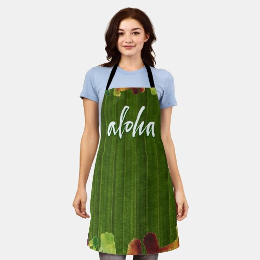 Aloha Tropical Hawai'i laat groene belettering ach Schort (Gedragen)