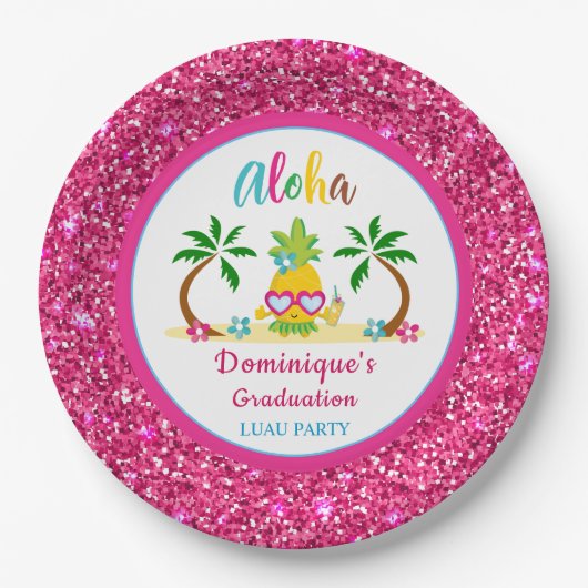 Aloha Tropical Luau Afstuderen Roze Glitter Papieren Bordje (Voorkant)