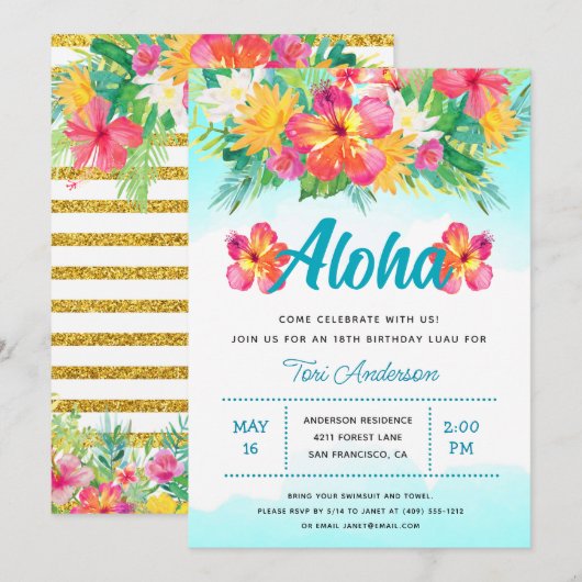 Aloha Tropical Luau Birthday Party Kaart (Voorkant / Achterkant)