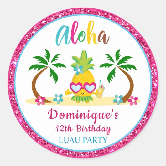 Aloha Tropical Luau Birthday Party Ronde Sticker (Voorkant)