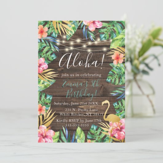 Aloha Tropical Luau Hawaiian Birthday Invitation Kaart (Staand voorkant)