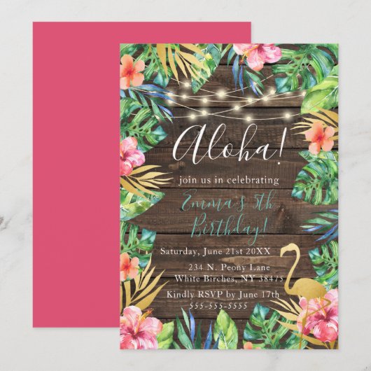 Aloha Tropical Luau Hawaiian Birthday Invitation Kaart (Voorkant / Achterkant)