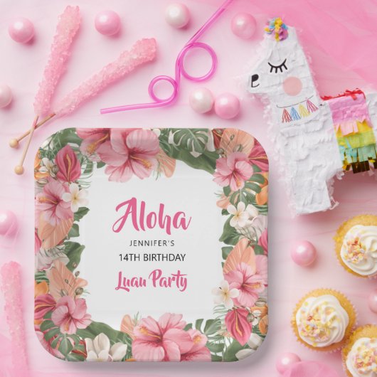 Aloha Tropical Luau Hibiscus Floral Birthday Party Papieren Bordje (Feest)