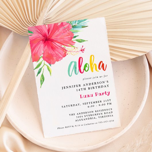 Aloha Tropical Luau Pink Hibiscus Verjaardagsfeest Kaart