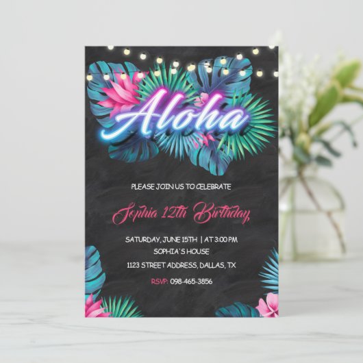 Aloha Tropical Neon Birthday Invitation Kaart (Staand voorkant)