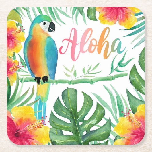 Aloha Tropical Parrot Hibiscus Palm Kartonnen Onderzetters (Voorkant)