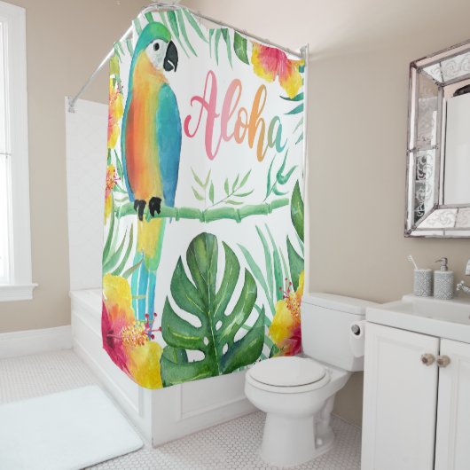 Aloha Tropical Parrot Hibiscus Palm Shower Curtain Douchegordijn (In situ)