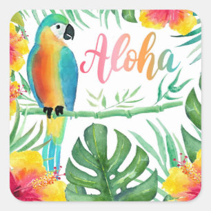 Aloha Tropical Parrot Hibiscus Palms Vierkante Sticker