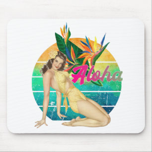 Aloha Tropical Pin-up girl retro sunset art Muismat