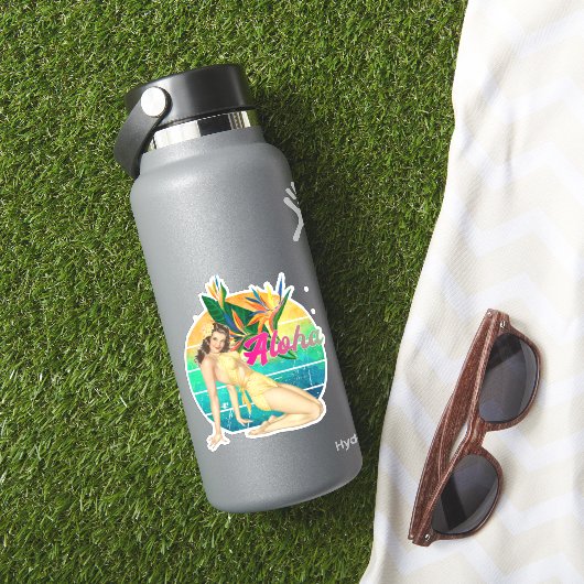 Aloha Tropical Pin-up girl retro sunset art Sticker (HydroFlask Insitu)