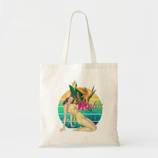 Aloha Tropical Pin-up girl retro sunset art Tote Bag (Voorkant)
