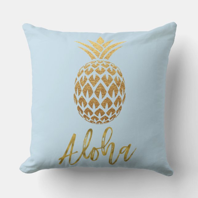 Aloha Tropical Pineapple Blue en Gold Foil Kussen (Voorkant)
