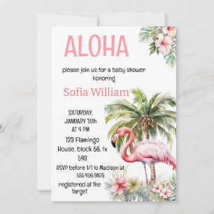 Aloha Tropical Pink Flamingo baby shower Kaart