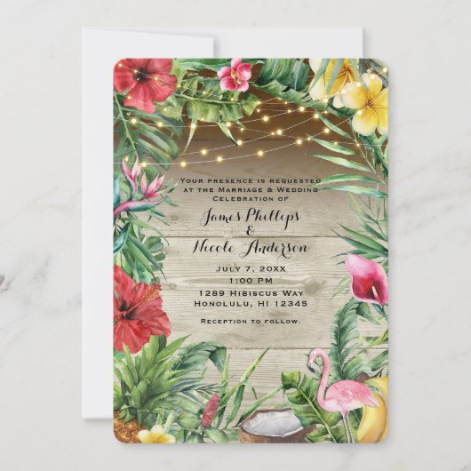 Aloha Tropical Wood Floral Leaves & Lights Wedding Kaart (Voorkant)