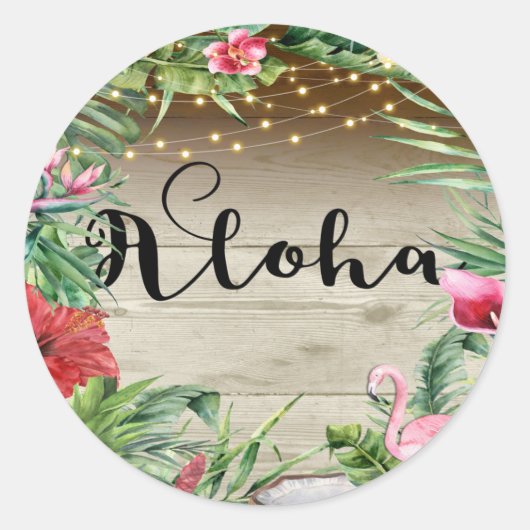 Aloha Tropical Wood Floral Leaves & Lights Wedding Ronde Sticker (Voorkant)