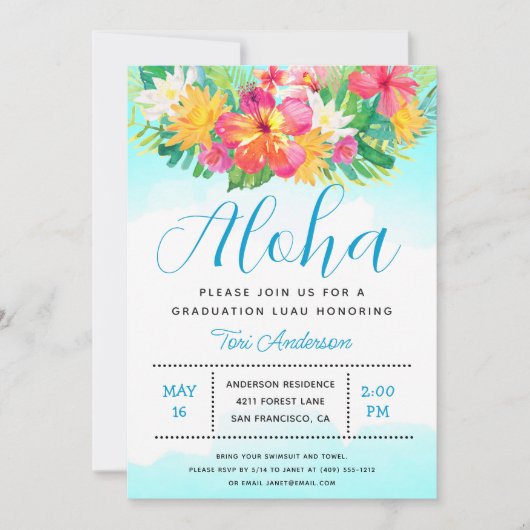 Aloha Tropisch Afstuderen Luau Blue Invitation Kaart (Voorkant)