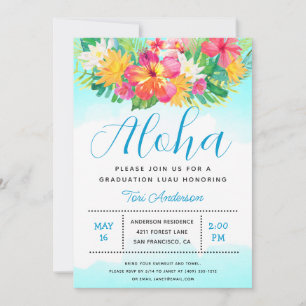 Aloha Tropisch Afstuderen Luau Blue Invitation Kaart