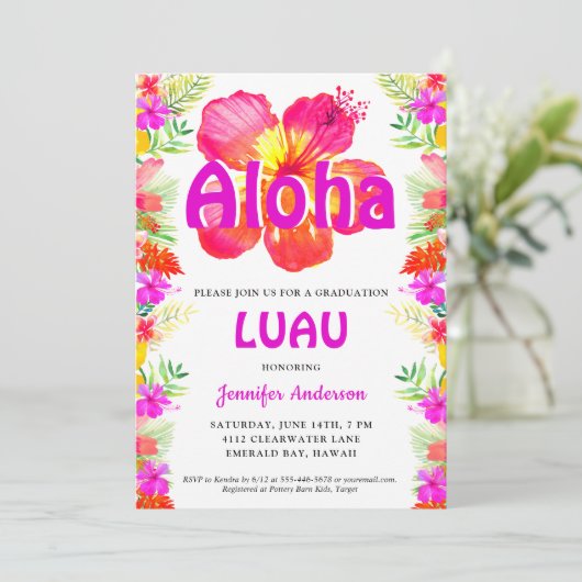 Aloha Tropisch Afstuderen Luau Uitnodiging (Staand voorkant)