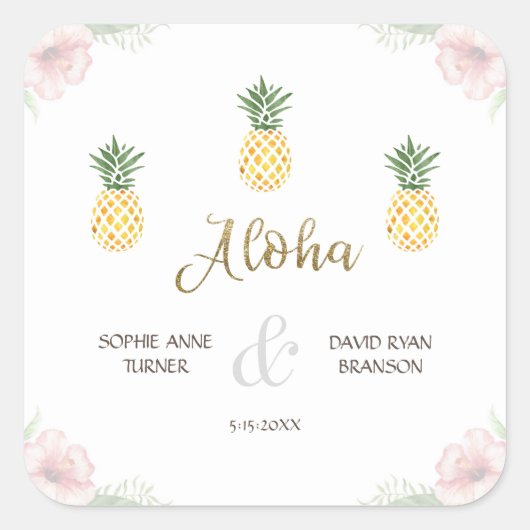 Aloha Tropisch Ananas Strand Trouwdag Vierkante Sticker (Voorkant)