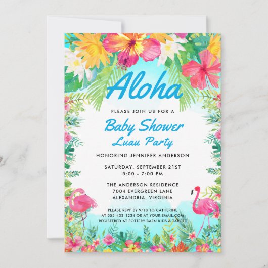 Aloha Tropisch Baby shower Luau Invitation Blue Kaart (Voorkant)
