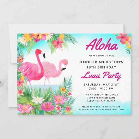 Aloha Tropisch Flamingo Luau Verjaardagsfeest Kaart (Voorkant)