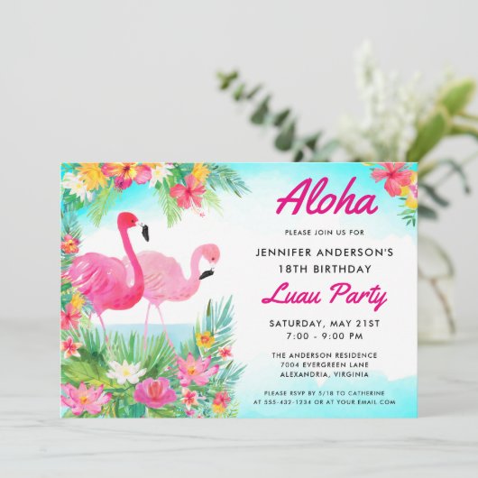 Aloha Tropisch Flamingo Luau Verjaardagsfeest Kaart (Staand voorkant)