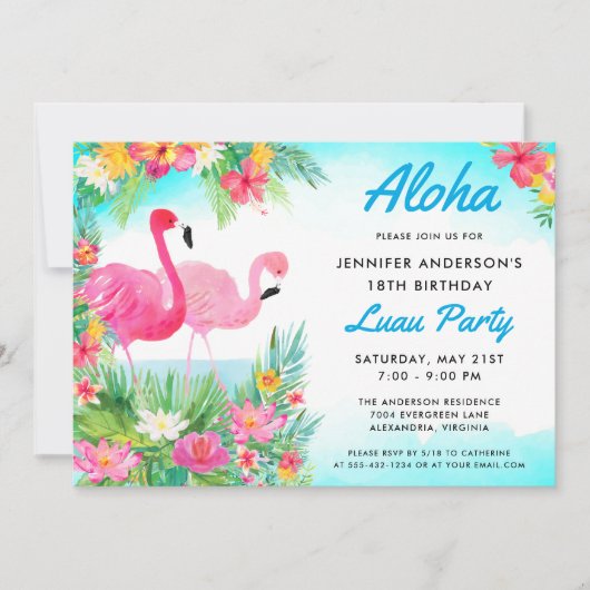 Aloha Tropisch Flamingo Luau Verjaardagsfeest Kaart (Voorkant)