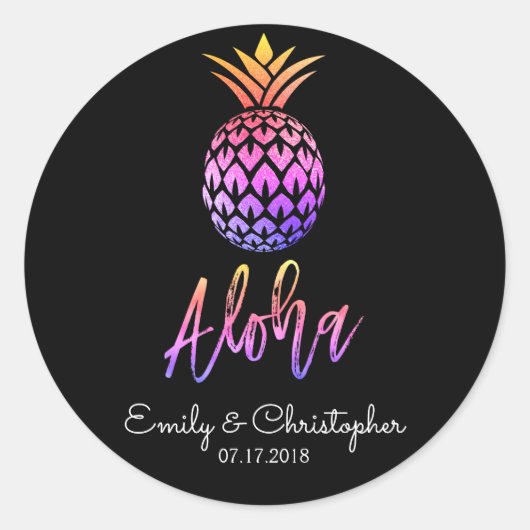 Aloha Tropisch Hawaïaans Ananas Bruiloft Zwart Ronde Sticker (Voorkant)