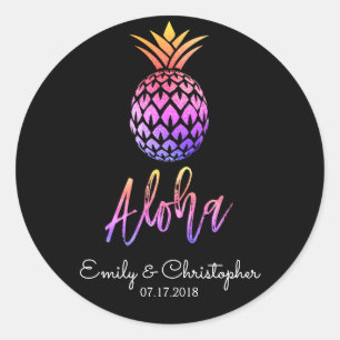Aloha Tropisch Hawaïaans Ananas Bruiloft Zwart Ronde Sticker