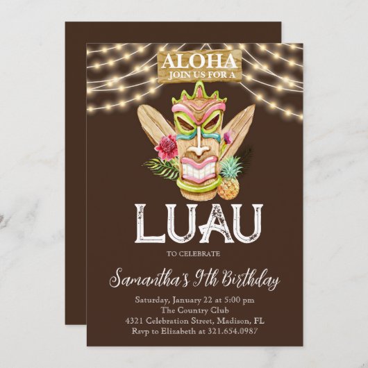 Aloha Tropisch Hawaïaans Tiki Luau Verjaardagsfees Kaart (Voorkant / Achterkant)