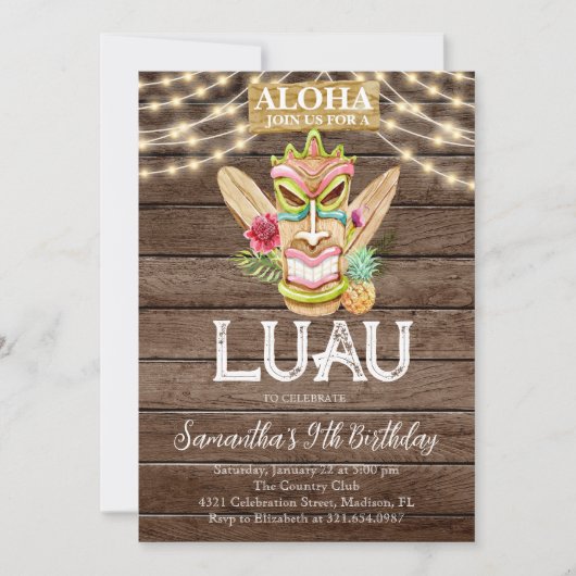 Aloha Tropisch Hawaïaans Tiki Luau Verjaardagsfees Kaart (Voorkant)