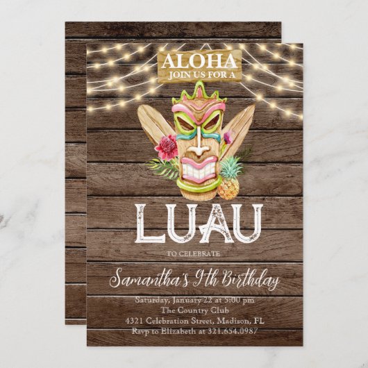 Aloha Tropisch Hawaïaans Tiki Luau Verjaardagsfees Kaart (Voorkant / Achterkant)
