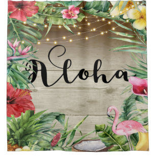 Aloha Tropisch Hout Bloem Bladeren & Lichten Chic Douchegordijn