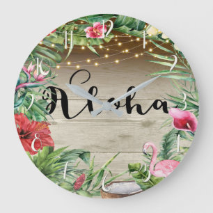 Aloha Tropisch Hout Bloem Bladeren & Lichten Chic Grote Klok