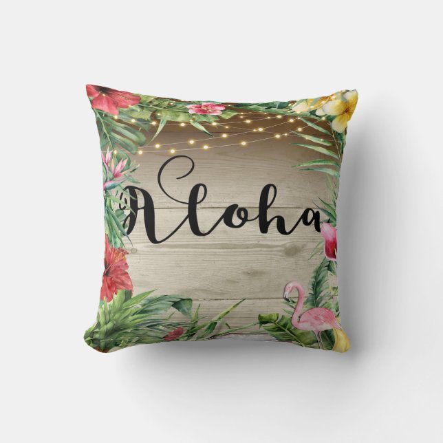 Aloha Tropisch Hout Bloem Bladeren & Lichten Chic Kussen (Voorkant)