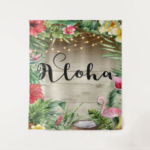 Aloha Tropisch Hout Bloem Bladeren & Lichten Luau Wandkleed