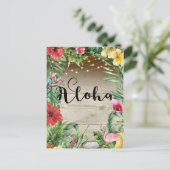 Aloha Tropisch Hout Bloem Bladeren & Lichten Zomer Aankondigingskaart (Staand voorkant)