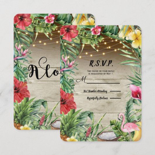 Aloha Tropisch Hout Bloemblaadjes Lichten RSVP (Voorkant / Achterkant)