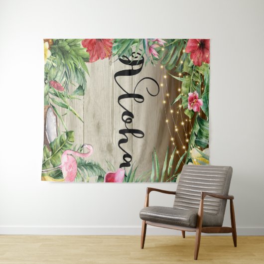Aloha Tropisch Houten Bloemige Bladeren & Lichtjes Wandkleed (In Situ (horizontaal))
