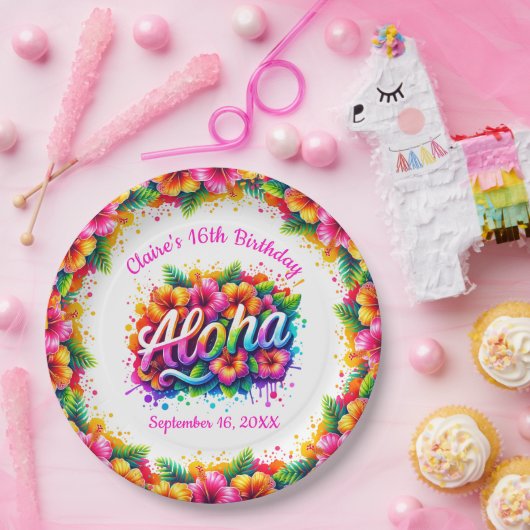 Aloha Tropisch Luau Verjaardagsfeestje Papieren Bordje (Feest)