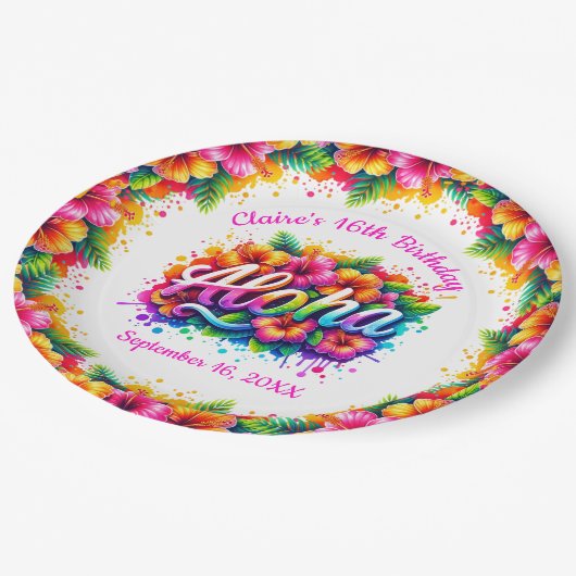Aloha Tropisch Luau Verjaardagsfeestje Papieren Bordje (Gekanteld)