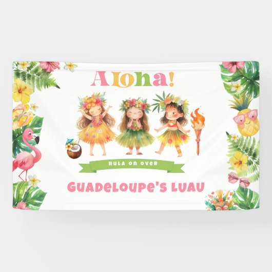 Aloha Tropisch meisje Luau Verjaardagsfeest Spandoek (Horizontaal)