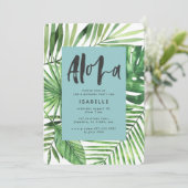 Aloha tropisch palmblad en blauwgroen scriptpagina save the date (Staand voorkant)